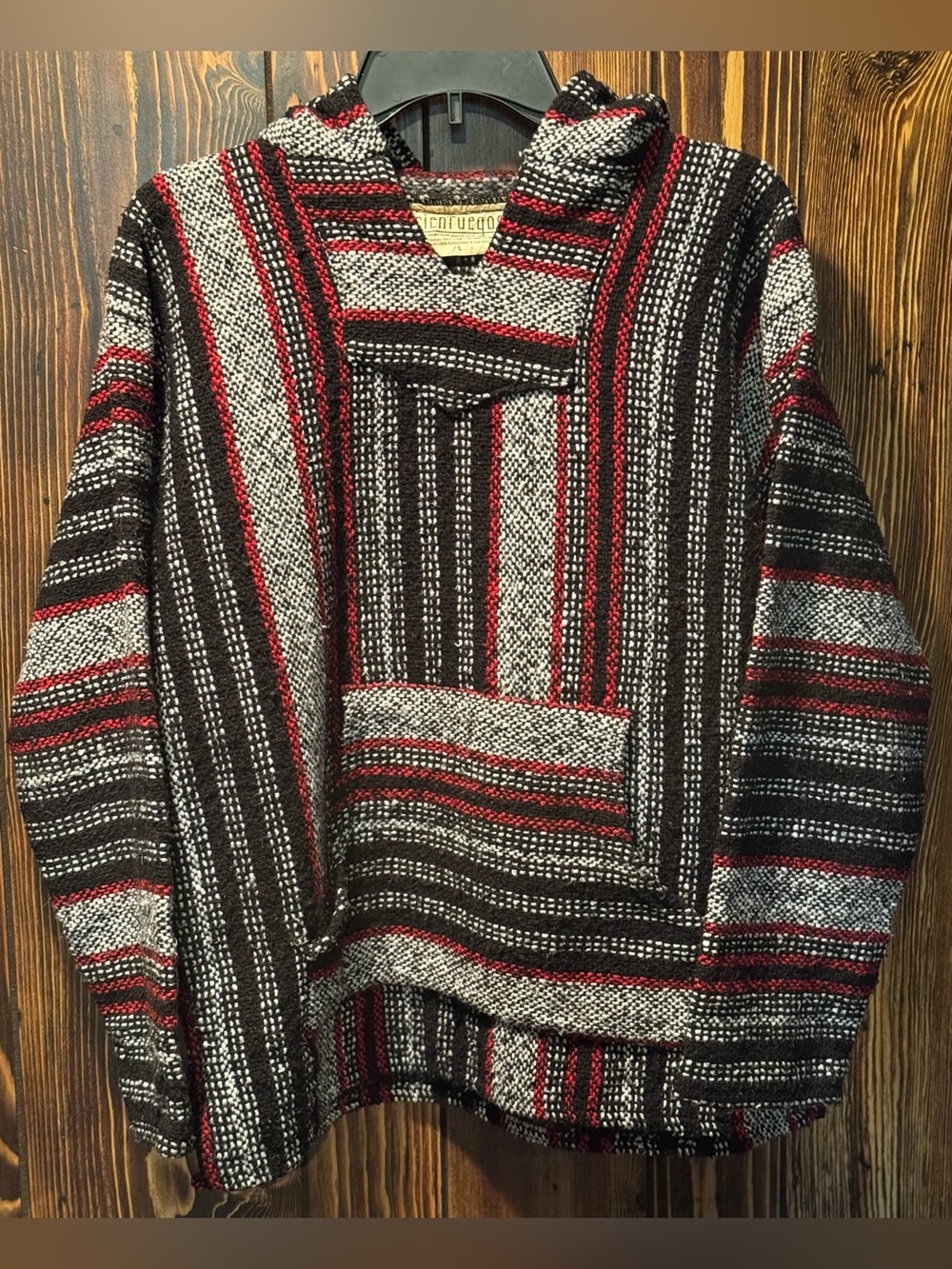 Baja Hoodie Red, Black & Gray - Handmade Cienfuegos Poncho - Large ‘ Drug Rug ‘